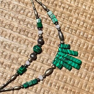 Sterling Silver Malachite Vintage Southwestern Beaded Necklace Artisan Style